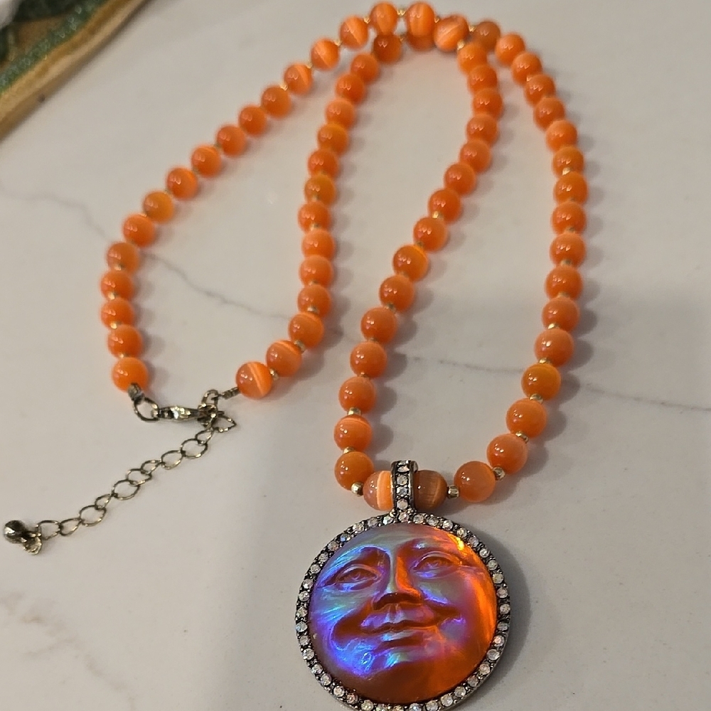 Moon Face Orange Beaded Pendant Necklace